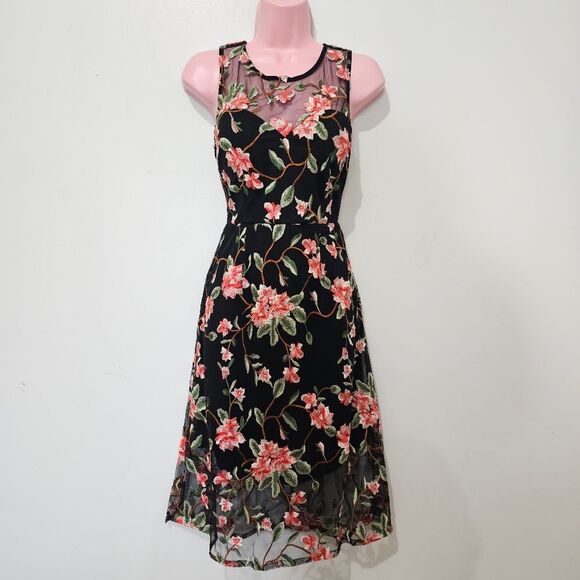 Lulu's - Dress Floral Embroidered Mesh Midi Sheath - Size S - Black Pink Green - Picture 1 of 11